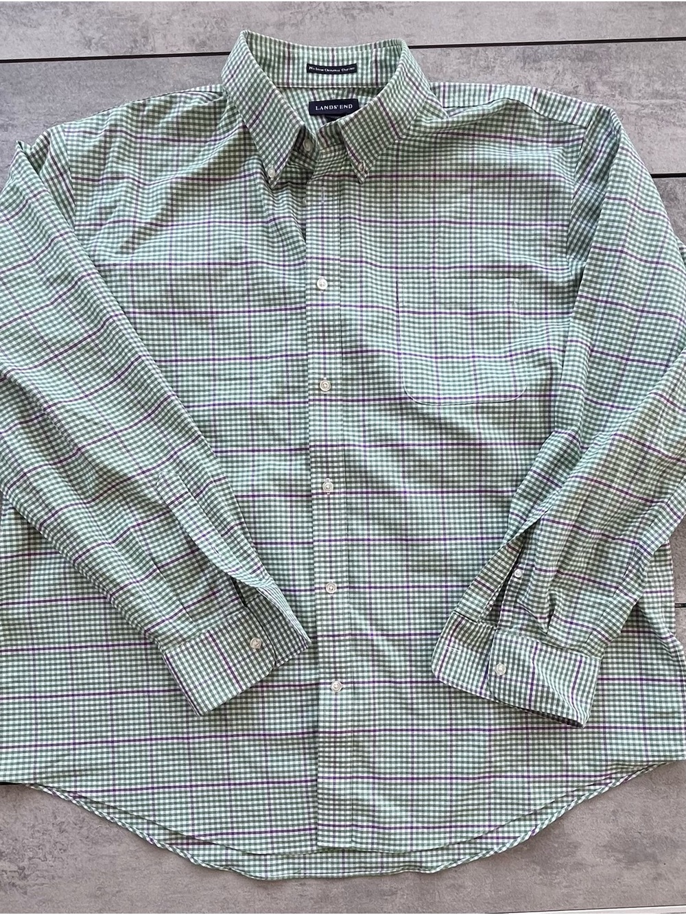 Men’s Lands’ End no iron, original oxford cotton green purple plaid shirt XXL